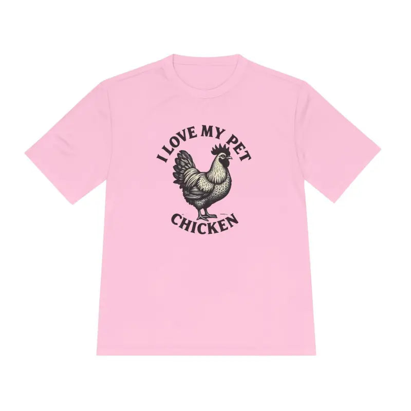 Pink t-shirt featuring a chicken graphic for Chicken Lover Unisex Spork Tek Tee
