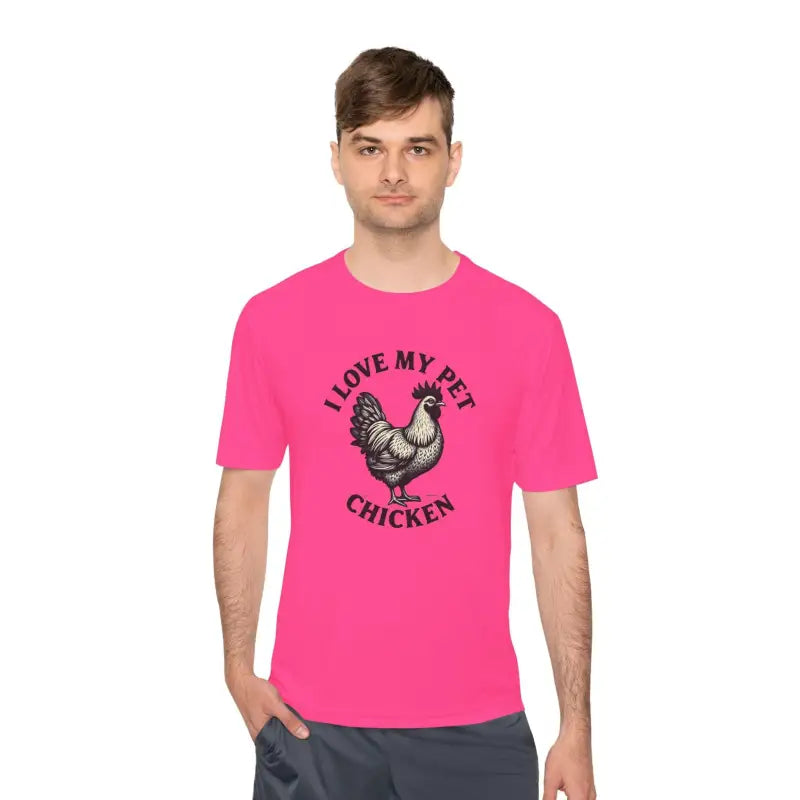 Pink Chicken Lover Unisex Spork Tek Tee for Active Pet Owners with chicken graphic