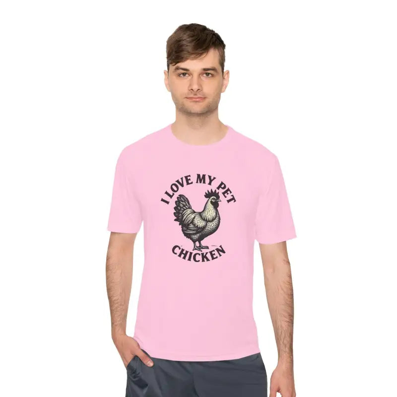 Pink Chicken Lover Unisex Spork Tek Tee for Active Pet Owners featuring chicken graphic