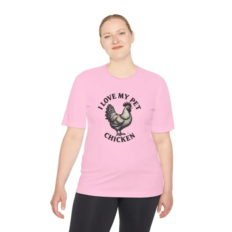 Pink Chicken Lover Unisex Spork Tek Tee for Active Pet Owners featuring a chicken graphic