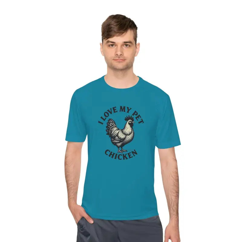 Teal Chicken Lover Unisex Spork Tek Tee showcasing a playful chicken graphic