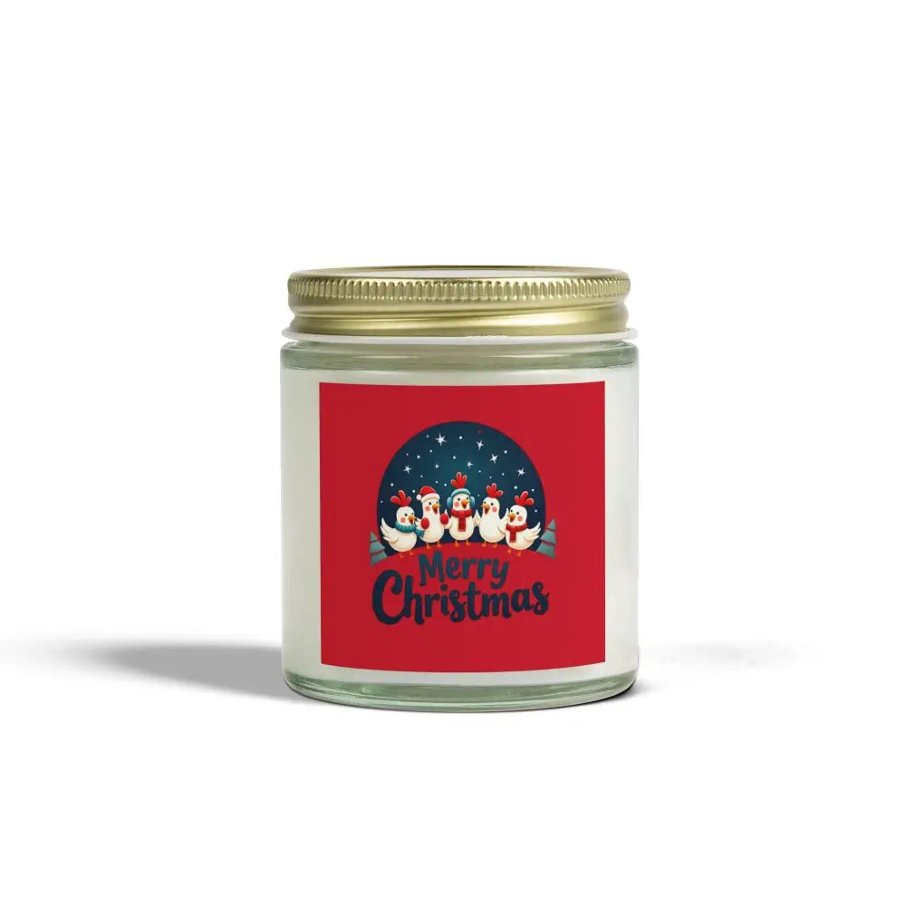 Christmas-themed candle featuring penguins and a caroling chicken for holiday decor