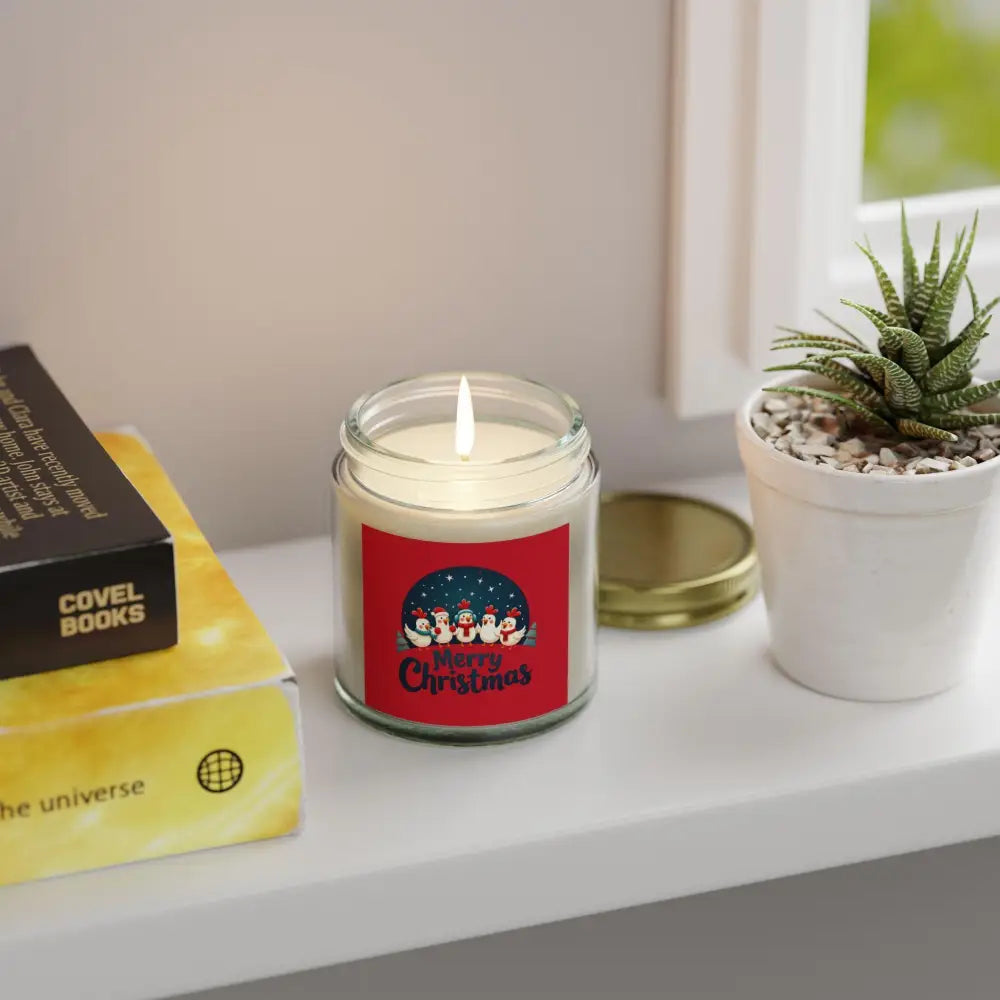Christmas Candle featuring Penguins and a Caroling Chicken for festive decor