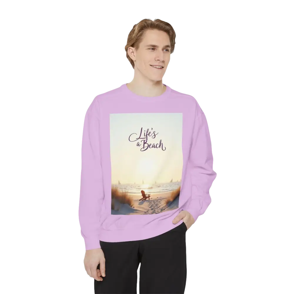 Lavender sweatshirt featuring a beach scene from Coastal Style Unisex Beach Life collection