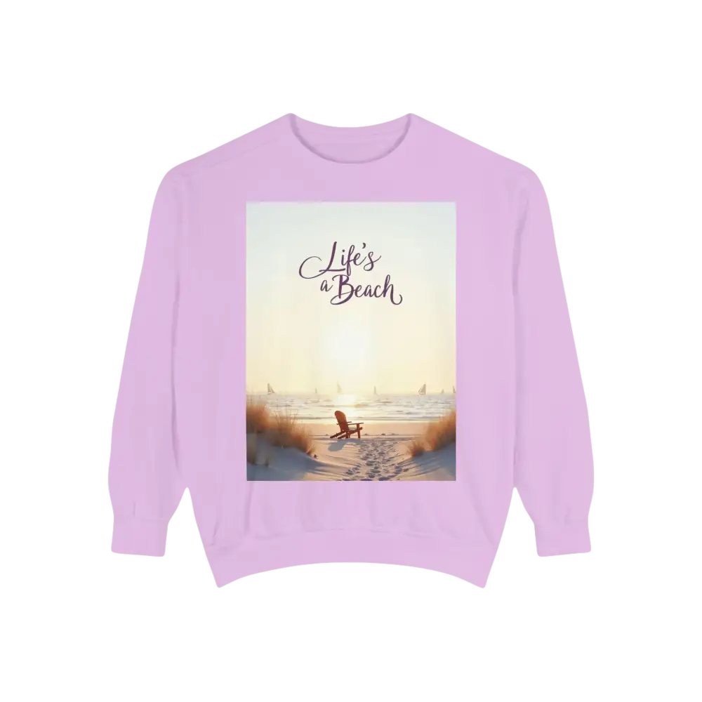 Lilac sweatshirt featuring a beach scene from the Coastal Style Unisex Beach Life collection