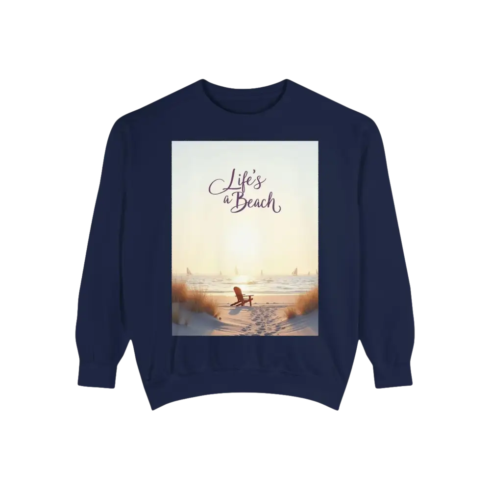 Navy blue sweatshirt featuring a vibrant beach scene from Coastal Style collection