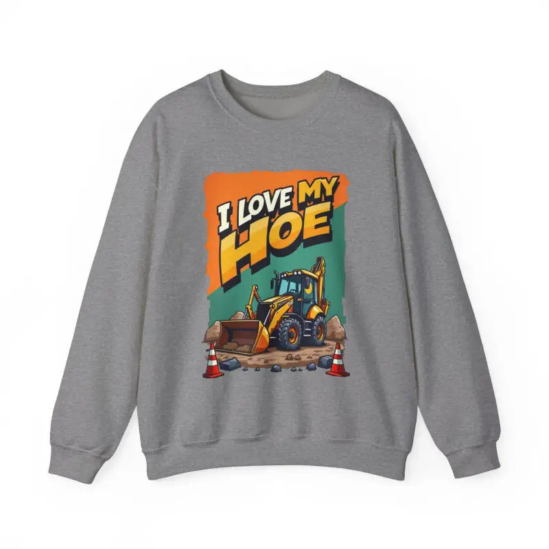 Gray sweatshirt featuring a construction vehicle graphic for construction enthusiasts