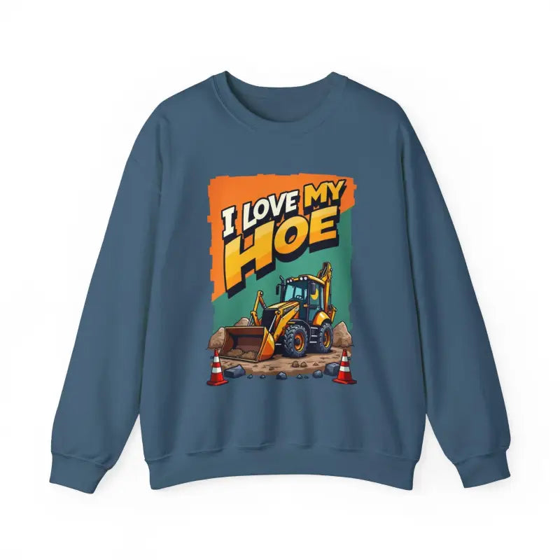 Blue sweatshirt featuring construction vehicle graphic for backhoe joke gift