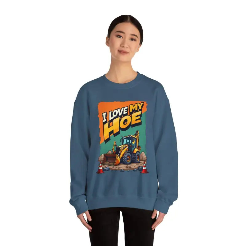 Blue sweatshirt featuring a construction vehicle graphic for backhoe enthusiasts