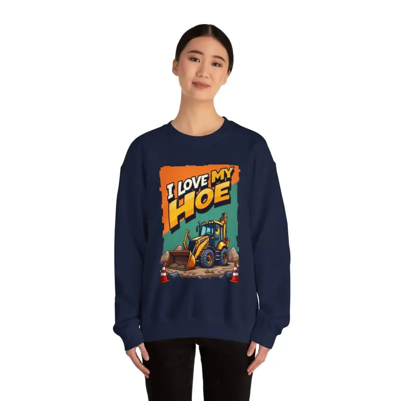 Navy blue sweatshirt featuring Construction Vehicle Crewneck with I Love My Hoe design