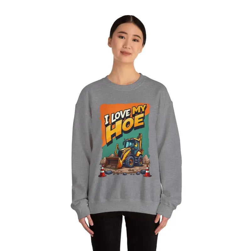 Gray sweatshirt featuring a construction vehicle graphic for backhoe enthusiasts
