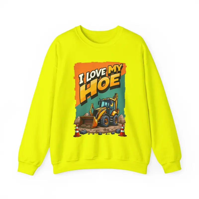 Yellow sweatshirt featuring construction vehicle graphic for backhoe lovers