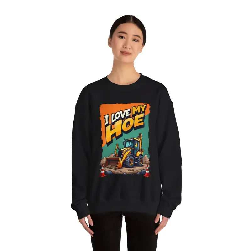 Black sweatshirt featuring construction vehicle graphic for construction enthusiasts