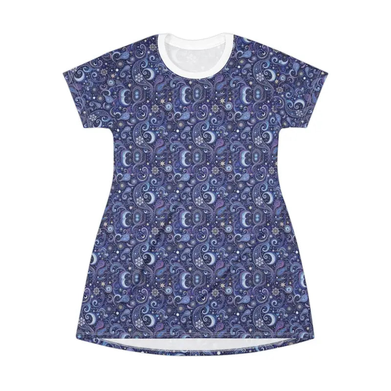 Blue paisley and celestial print dress from the Cosmic Paisley T-Shirt Dress collection