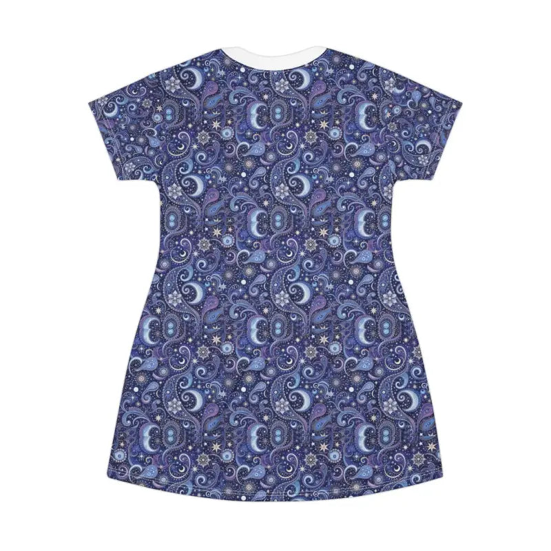 Blue paisley patterned dress from the Cosmic Paisley T-Shirt Dress collection