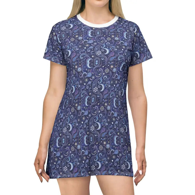 Blue paisley patterned T-shirt dress from Cosmic Paisley collection showcasing stylish comfort