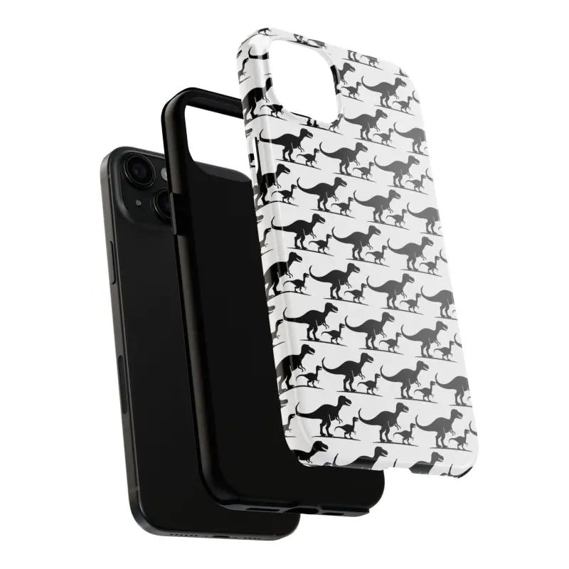 Dinosaur-patterned phone case for iPhone and Samsung, showcasing vibrant designs