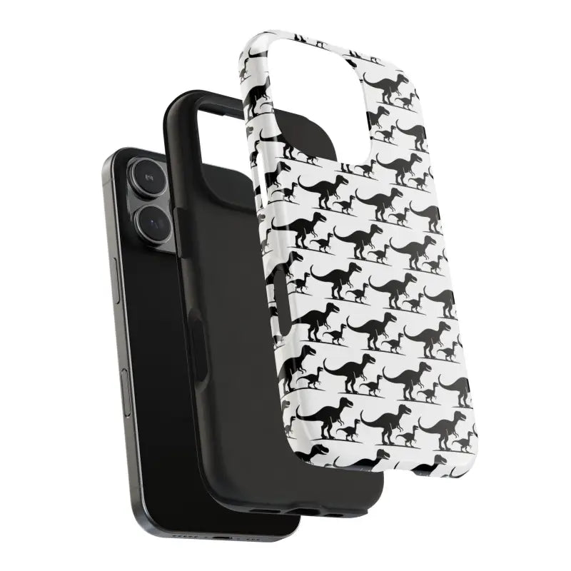 Dinosaur-patterned phone case for iPhone and Samsung with black inner case display