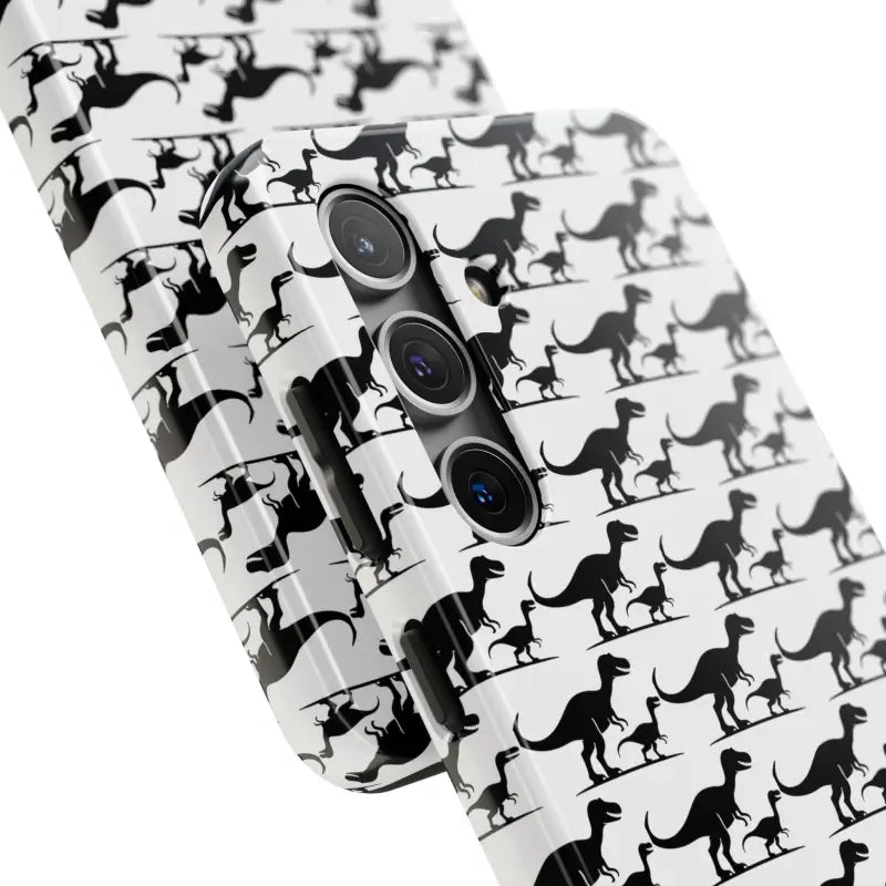 Dinosaur-patterned phone cases for iPhone and Samsung showcasing playful designs
