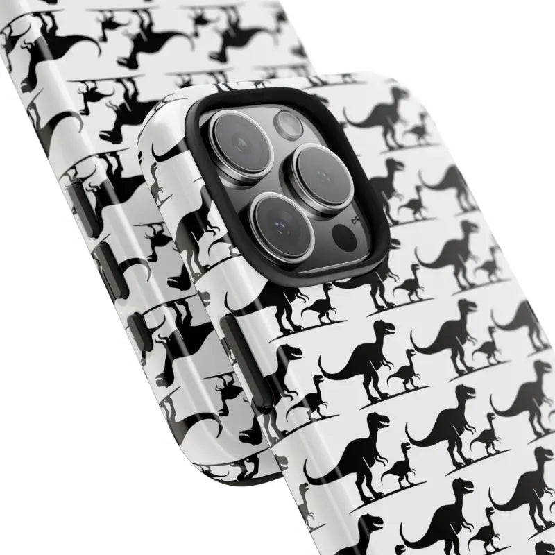 Dinosaur-patterned phone cases for iPhone and Samsung showcasing vibrant designs