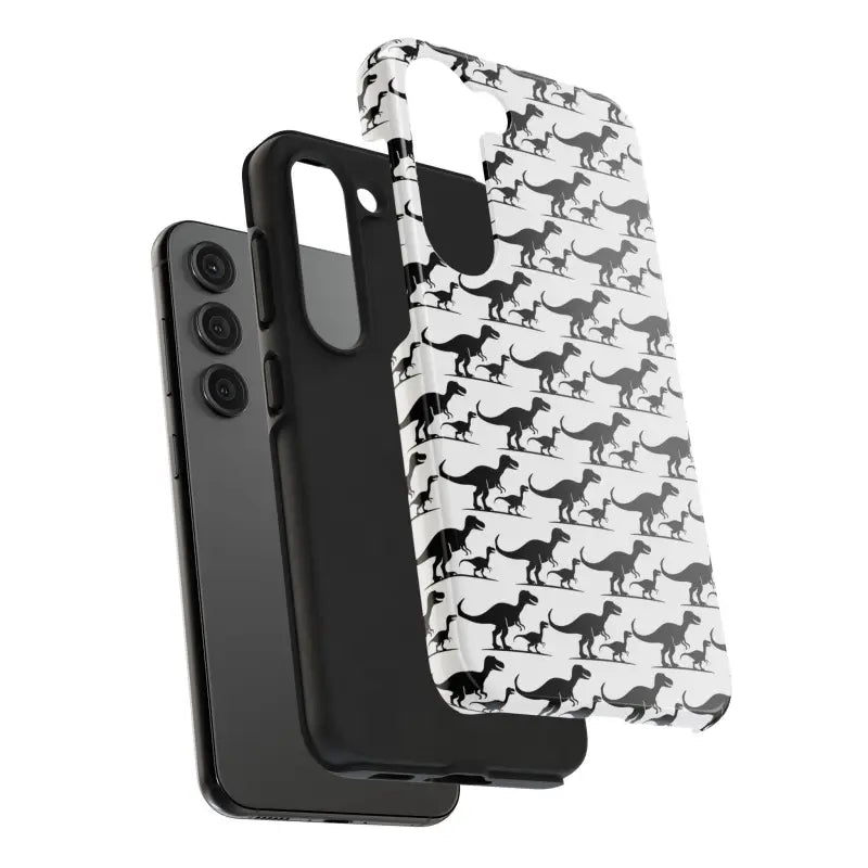 Dinosaur-patterned phone case layers for iPhone and Samsung mobile devices