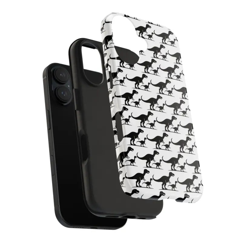 Black phone featuring a vibrant dinosaur-patterned case for iPhone and Samsung users