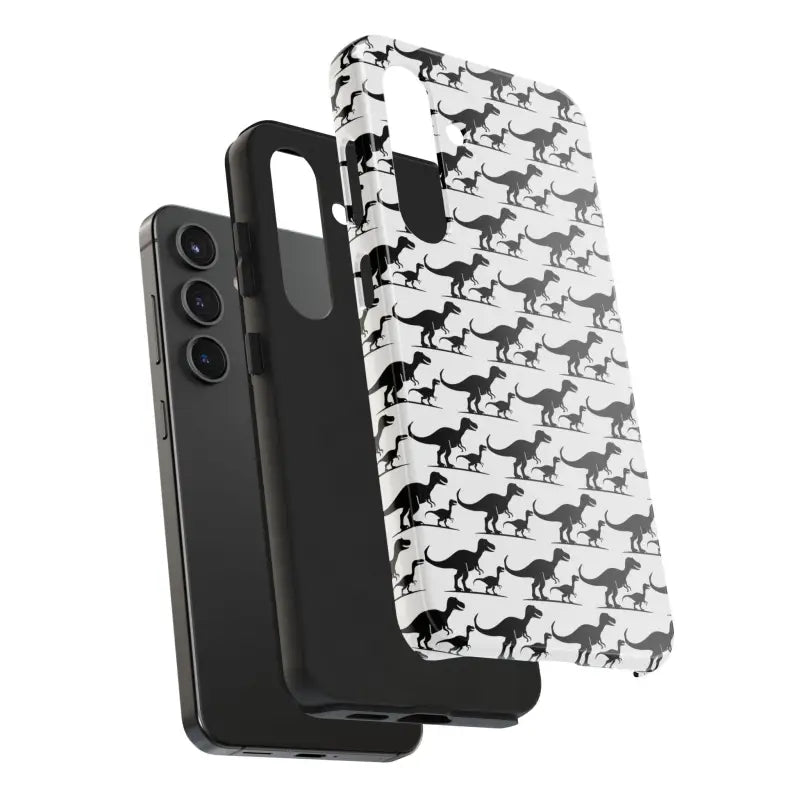 Black smartphone with a dinosaur-patterned case, part of the Dinosaur Phone Case collection