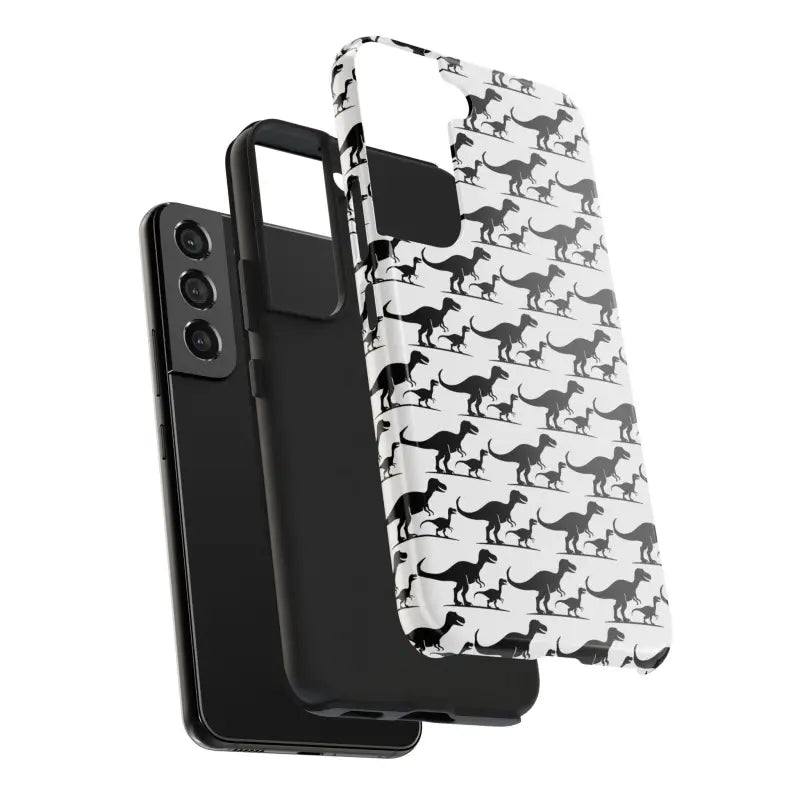 Black smartphone with dinosaur-patterned case from Dinosaur Phone Case for iPhone and Samsung