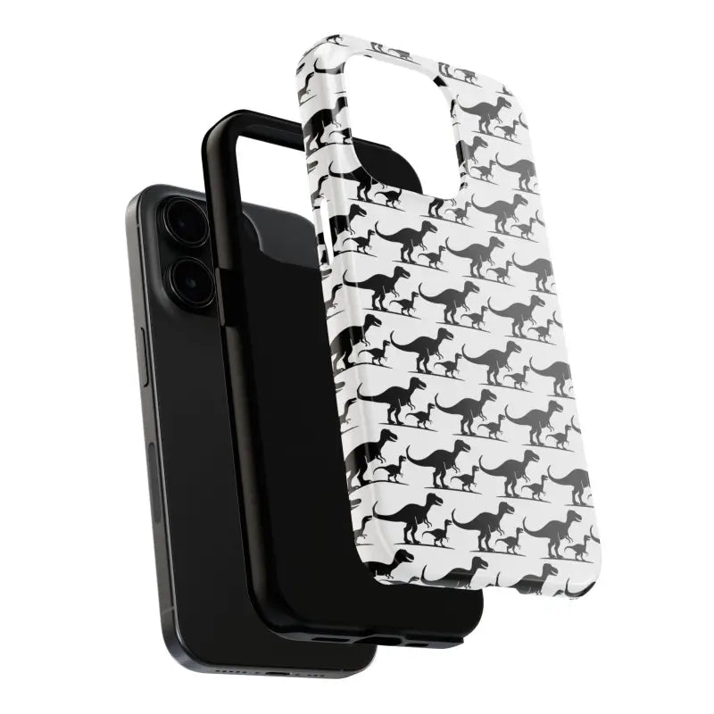 Black smartphone featuring a Dinosaur-patterned case for iPhone and Samsung devices