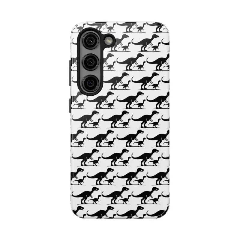 Dinosaur-patterned phone case for iPhone and Samsung, showcasing vibrant designs