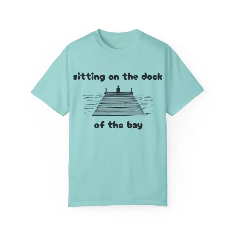 Aqua Dock of the Bay T-shirt featuring a dock graphic in light blue and green