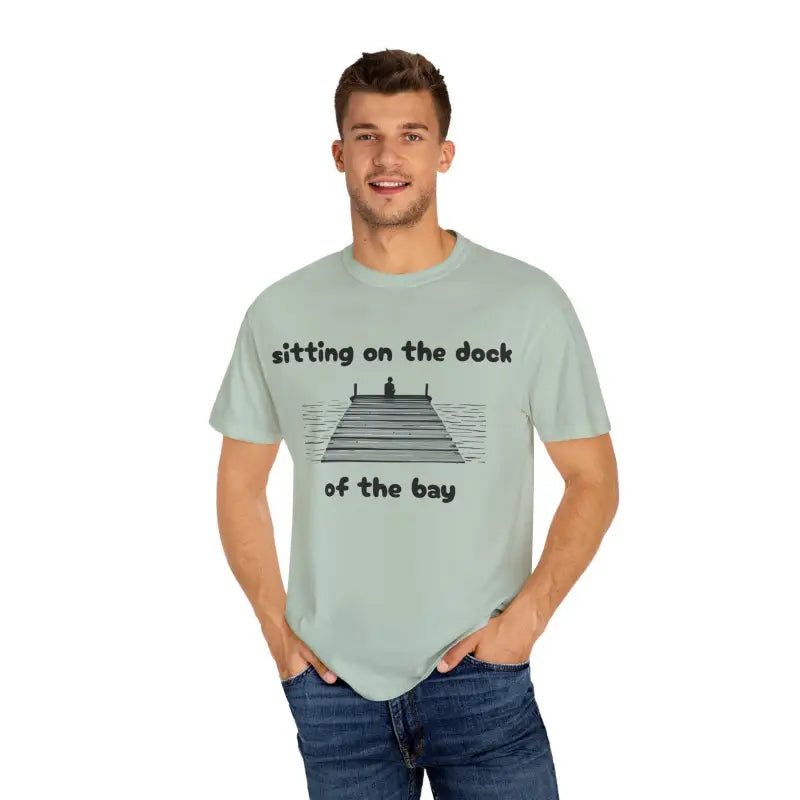 Light Blue Aqua and Light Green Dock of the Bay T Shirt featuring a dock graphic