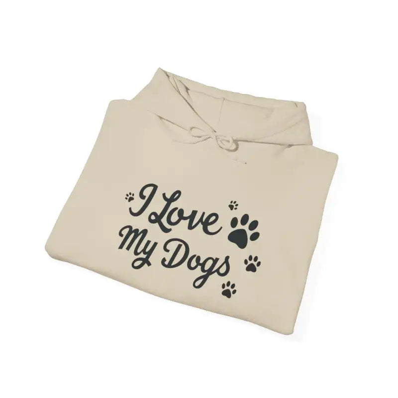 Folded beige Dog Lover Hoodie featuring I Love My Dogs design in a stylish presentation