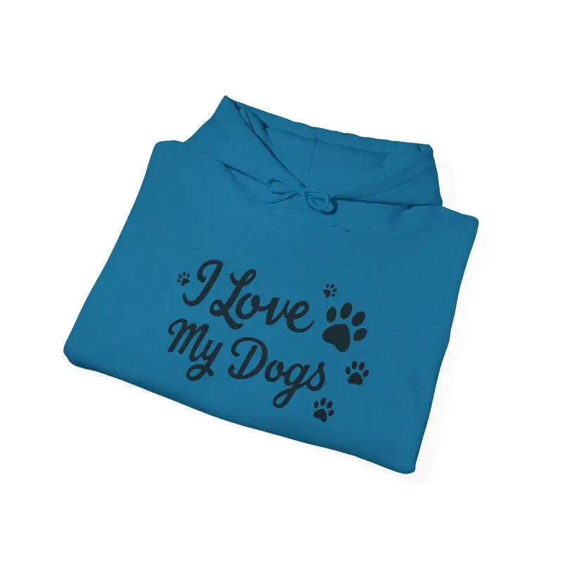 Folded blue Dog Lover Hoodie featuring I Love My Dogs design for pet enthusiasts