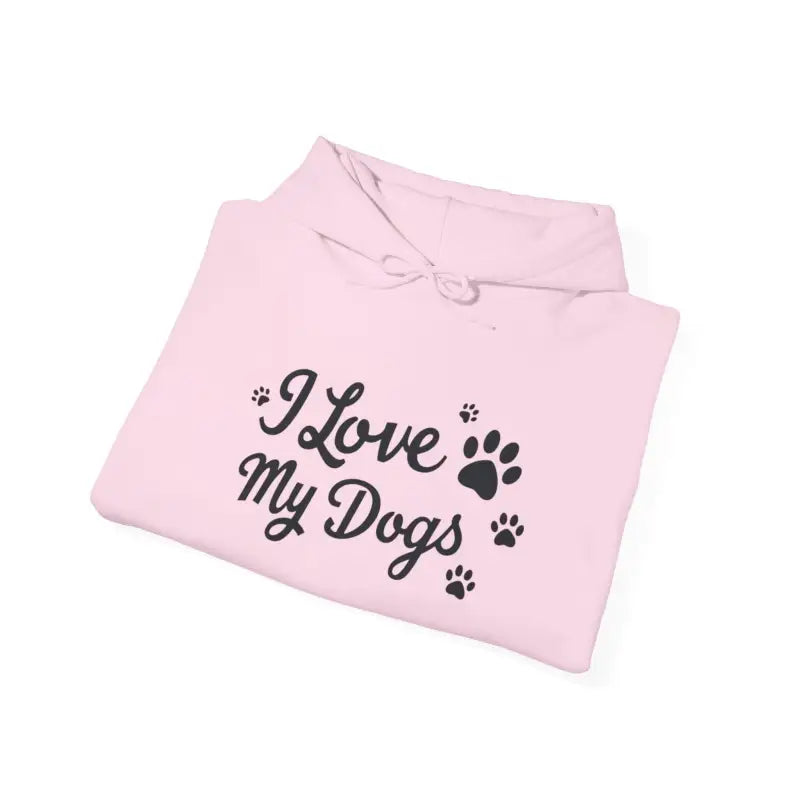 Folded pink hoodie from Dog Lover Hoodie featuring I Love My Dogs design