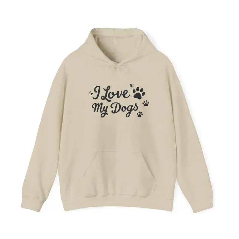Beige Dog Lover Hoodie featuring I Love My Dogs design and playful dog-themed text