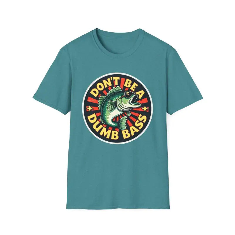 Teal unisex t-shirt featuring a colorful fish graphic from the Dont Be A Dumb Bass collection