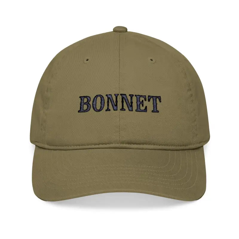 Khaki baseball cap with Bonnet embroidery in Embroidered Organic Baseball Cap Bonnet Style