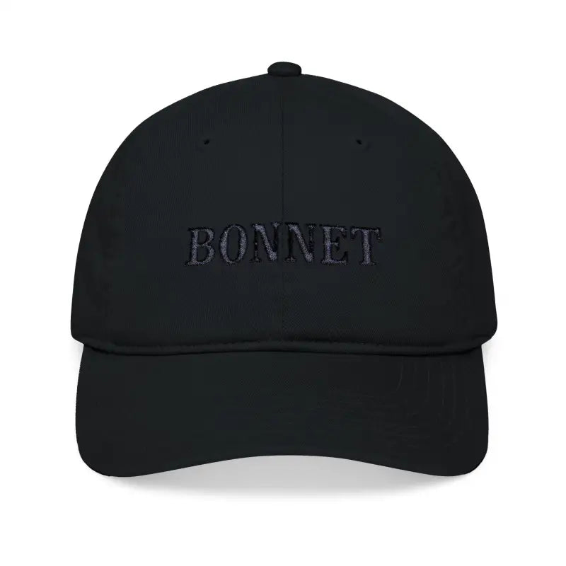 Black Embroidered Organic Baseball Cap in Bonnet Style for stylish outdoor wear