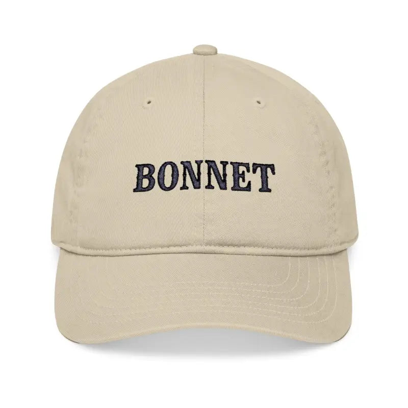 Beige Embroidered Organic Baseball Cap in Bonnet Style for stylish outdoor wear