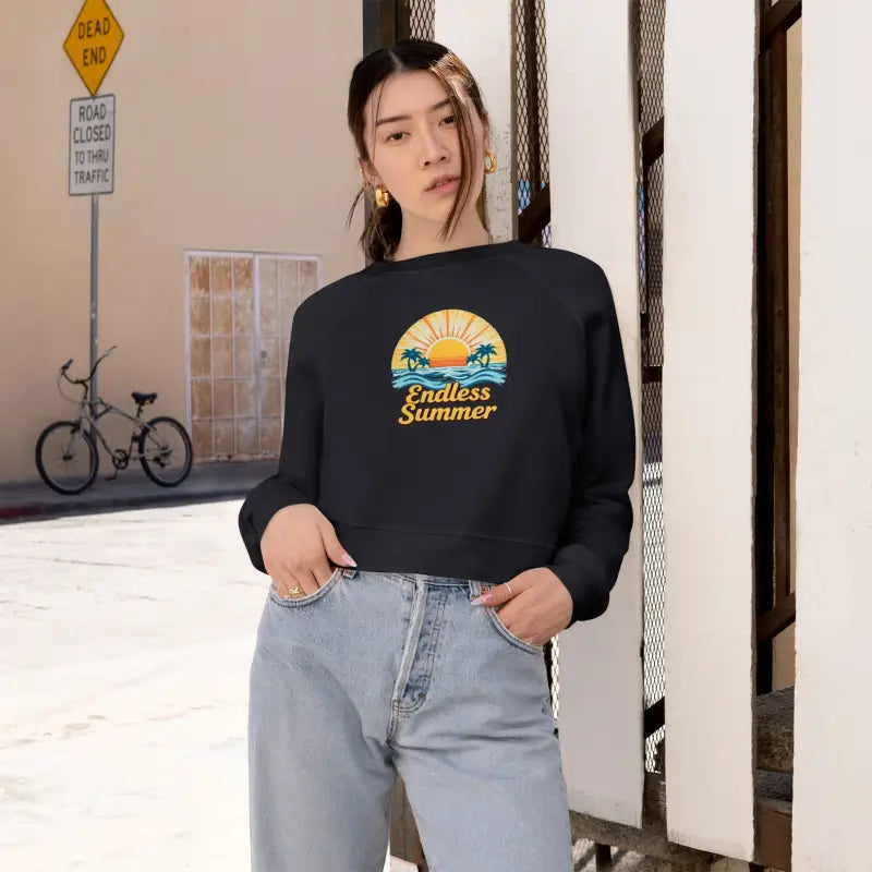 Black Endless Summer Cropped Sweatshirt for Women displayed on a neutral background