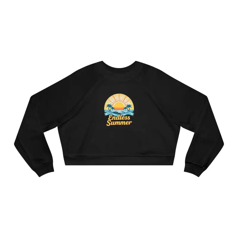 Black cropped sweatshirt for women featuring Endless Summer graphic design