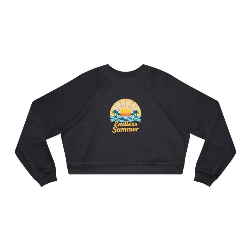 Black cropped sweatshirt featuring Endless Summer graphic for women in stylish design