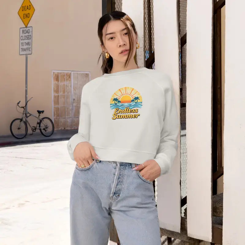 White cropped sweatshirt featuring Endless Summer graphic for women’s fashion