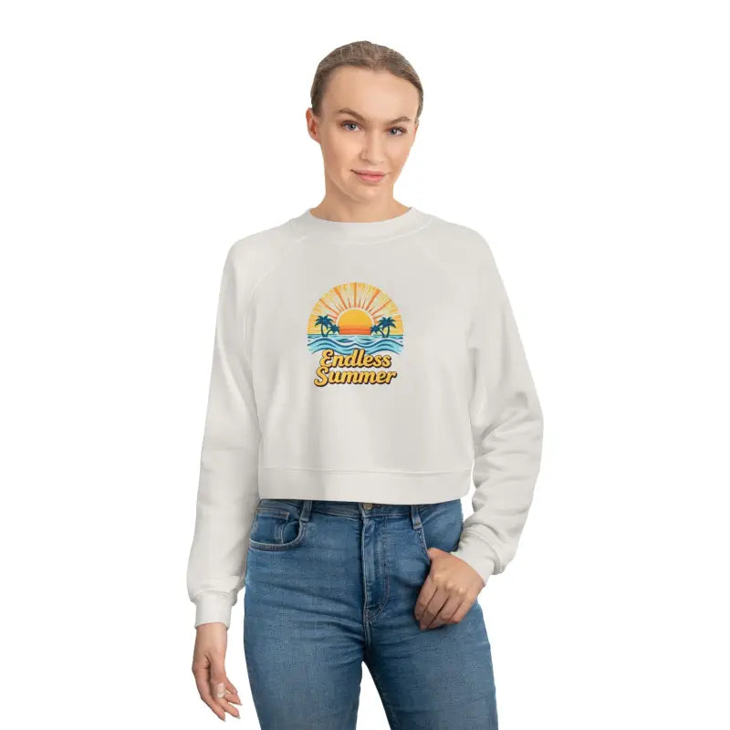 Woman modeling the Endless Summer Cropped Sweatshirt for Women in casual attire