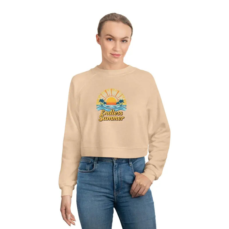Woman modeling the Endless Summer Cropped Sweatshirt for Women in a stylish setting