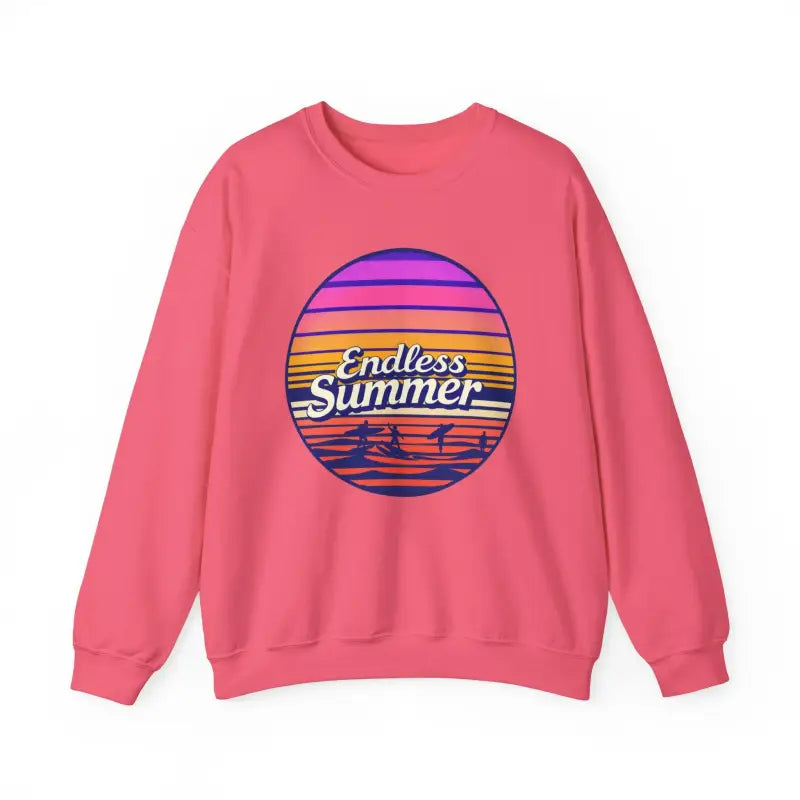 Pink sweatshirt featuring Endless Summer graphic in relaxed retro design