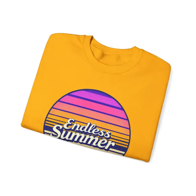 Folded yellow t-shirt featuring Endless Summer graphic from crewneck sweatshirt design