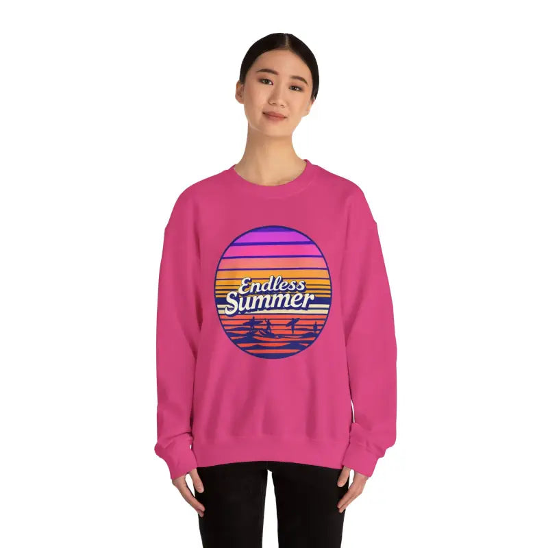 Pink sweatshirt featuring Endless Summer graphic, part of Endless Summer Unisex Crewneck line