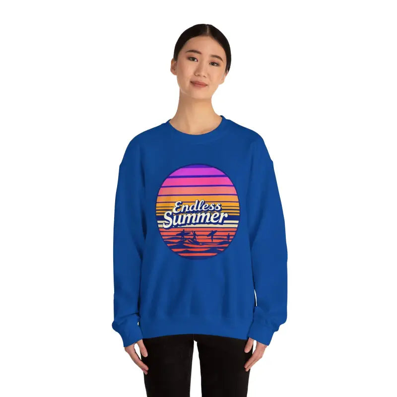 Blue sweatshirt featuring Endless Summer graphic in relaxed vibe retro design